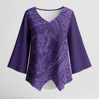Hawaiian Turtle and Shark Kimono Sleeve Blouse Kakau Tribal with Polynesian Pattern Purple Color
