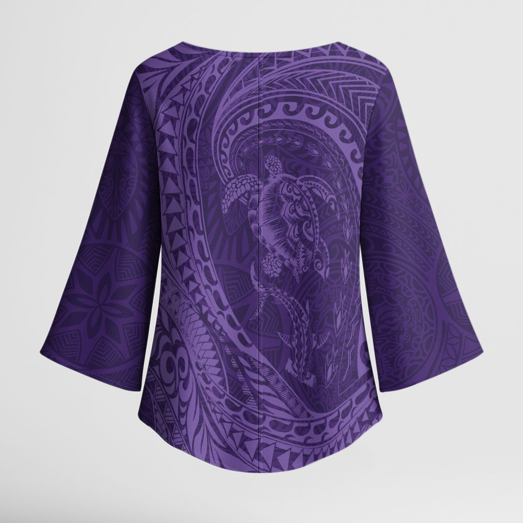 Hawaiian Turtle and Shark Kimono Sleeve Blouse Kakau Tribal with Polynesian Pattern Purple Color