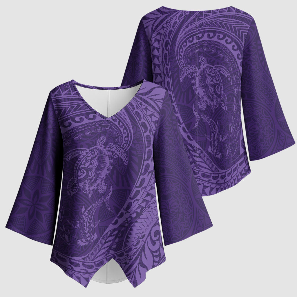 Hawaiian Turtle and Shark Kimono Sleeve Blouse Kakau Tribal with Polynesian Pattern Purple Color