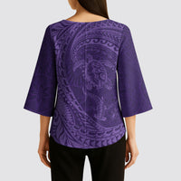 Hawaiian Turtle and Shark Kimono Sleeve Blouse Kakau Tribal with Polynesian Pattern Purple Color