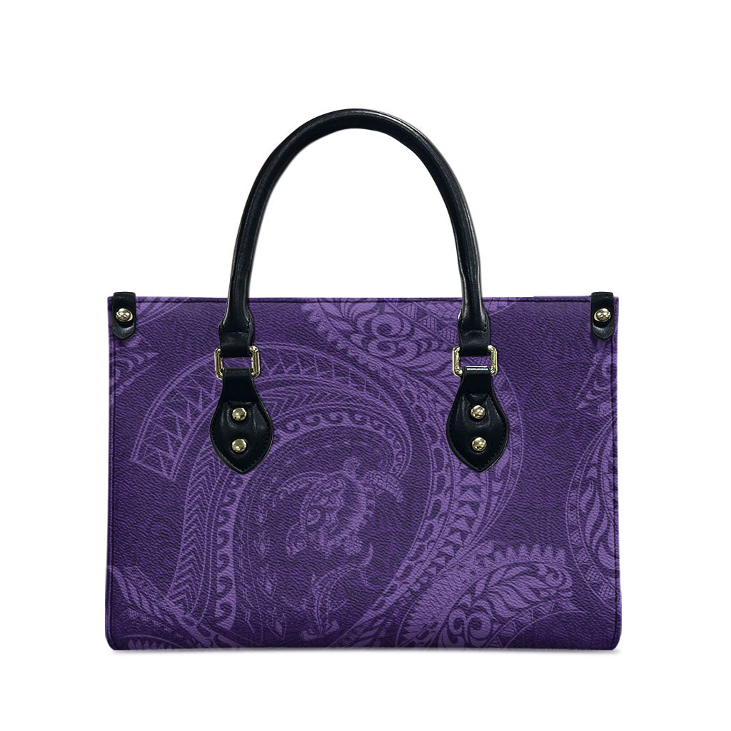 Hawaiian Turtle and Shark Leather Bag Kakau Tribal with Polynesian Pattern Purple Color