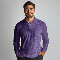 Hawaiian Turtle and Shark Long Sleeve Polo Shirt Kakau Tribal with Polynesian Pattern Purple Color