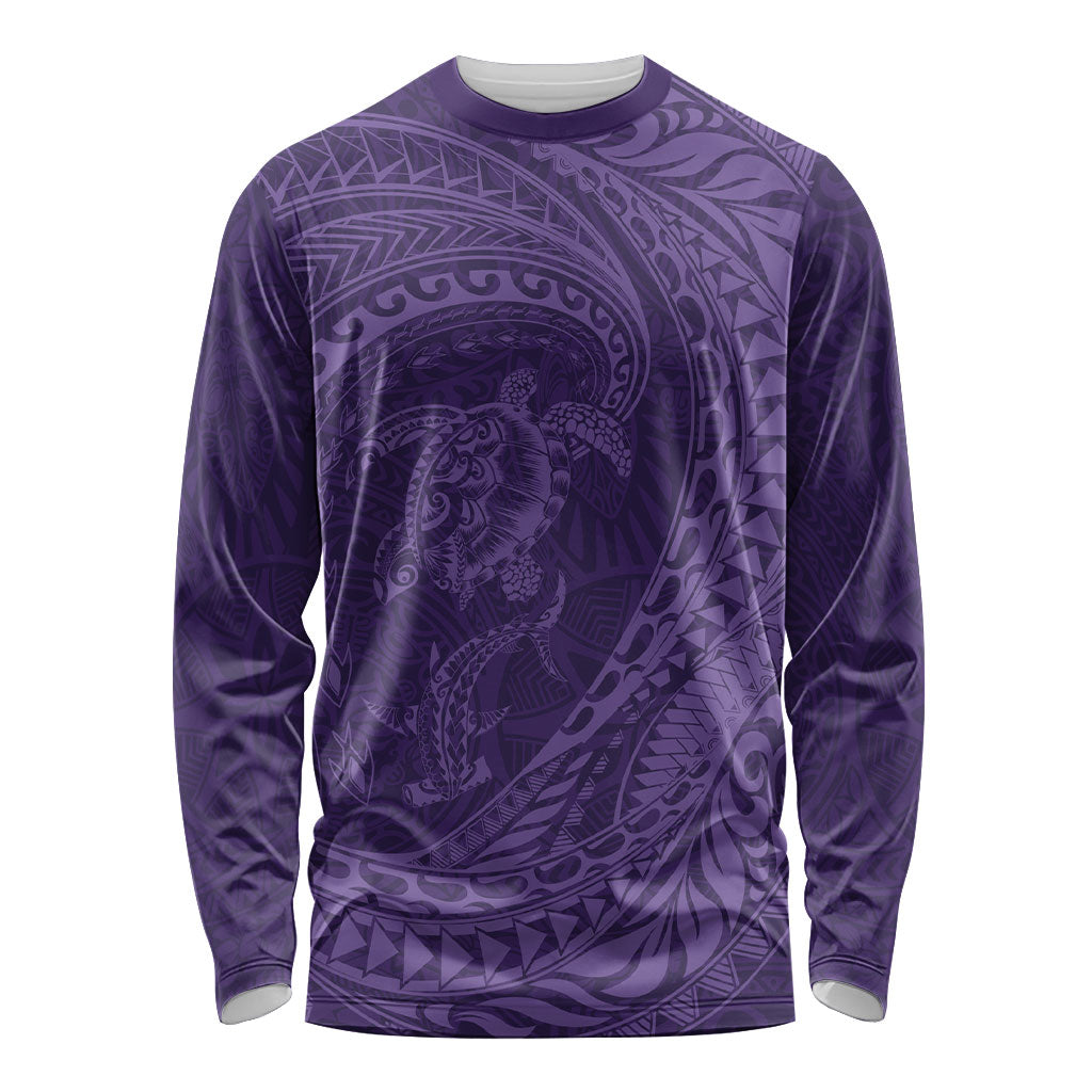 Hawaiian Turtle and Shark Long Sleeve Shirt Kakau Tribal with Polynesian Pattern Purple Color