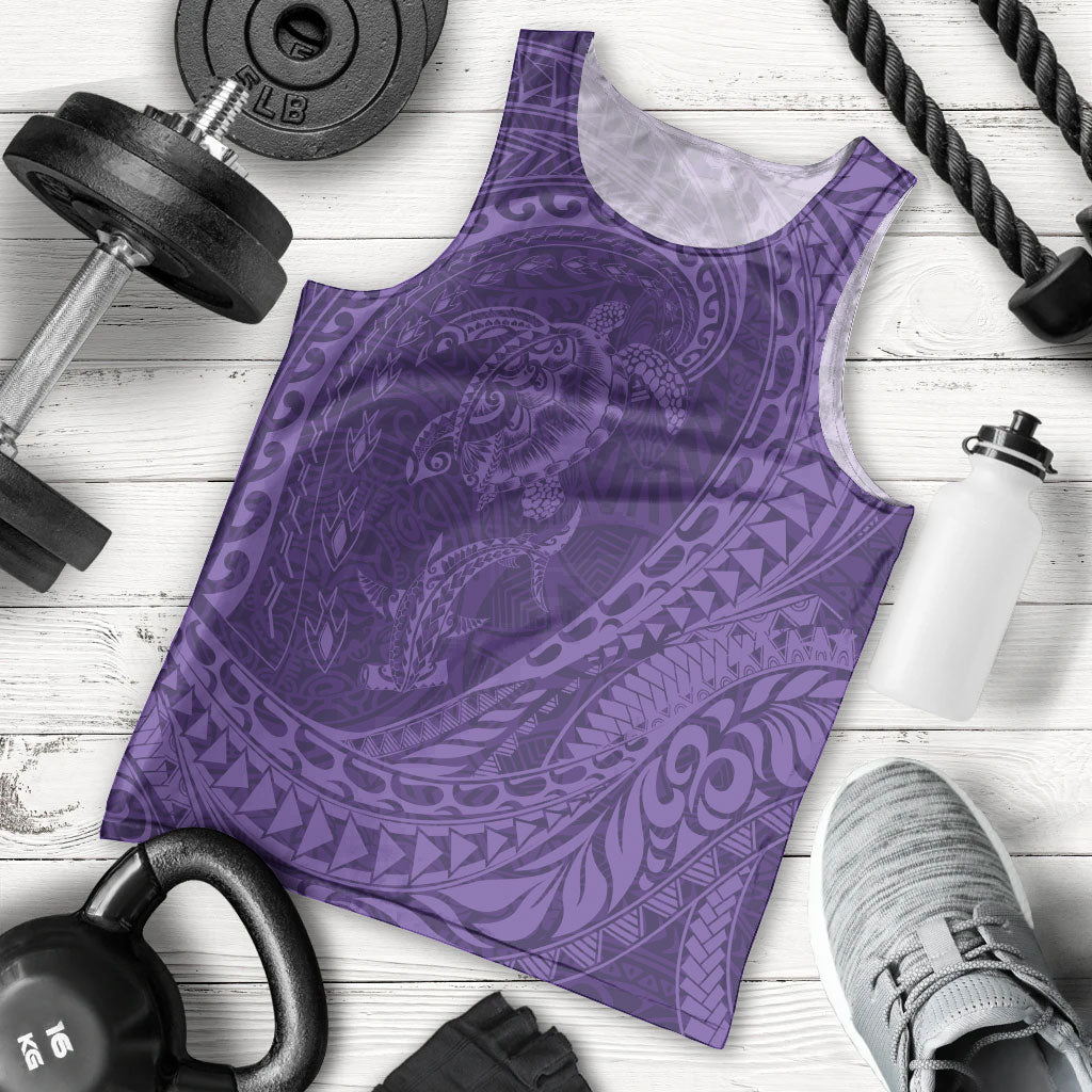 Hawaiian Turtle and Shark Men Tank Top Kakau Tribal with Polynesian Pattern Purple Color