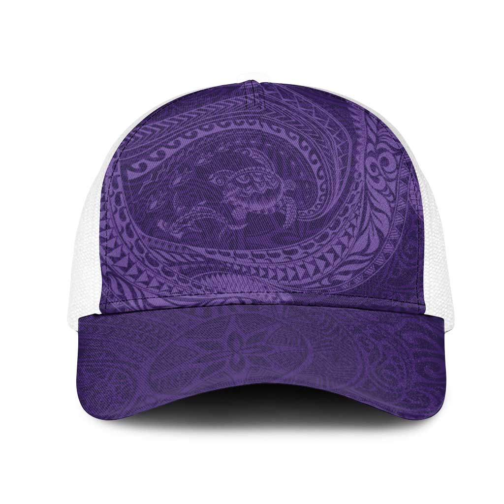 Hawaiian Turtle and Shark Mesh Trucker Cap Kakau Tribal with Polynesian Pattern Purple Color