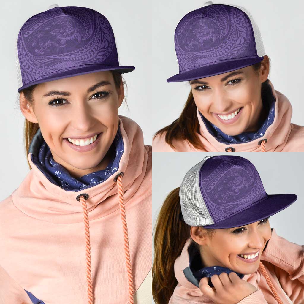 Hawaiian Turtle and Shark Mesh Trucker Cap Kakau Tribal with Polynesian Pattern Purple Color