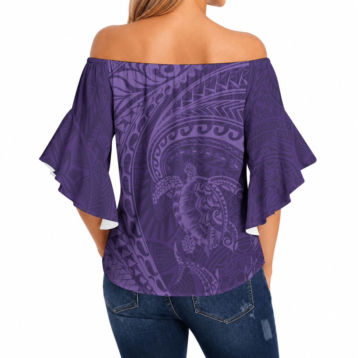 Hawaiian Turtle and Shark Off Shoulder Wrap Waist Top Kakau Tribal with Polynesian Pattern Purple Color