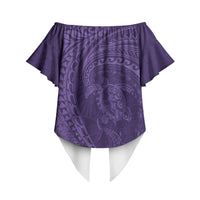 Hawaiian Turtle and Shark Off Shoulder Wrap Waist Top Kakau Tribal with Polynesian Pattern Purple Color