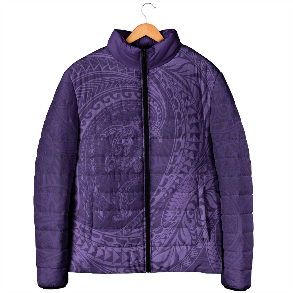 Hawaiian Turtle and Shark Padded Jacket Kakau Tribal with Polynesian Pattern Purple Color