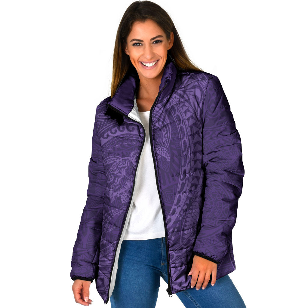 Hawaiian Turtle and Shark Padded Jacket Kakau Tribal with Polynesian Pattern Purple Color