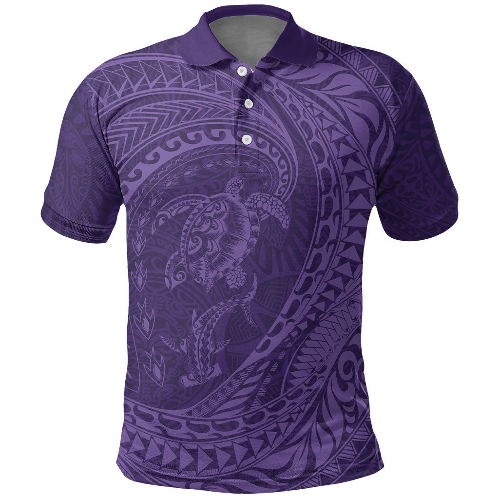 Hawaiian Turtle and Shark Polo Shirt Kakau Tribal with Polynesian Pattern Purple Color