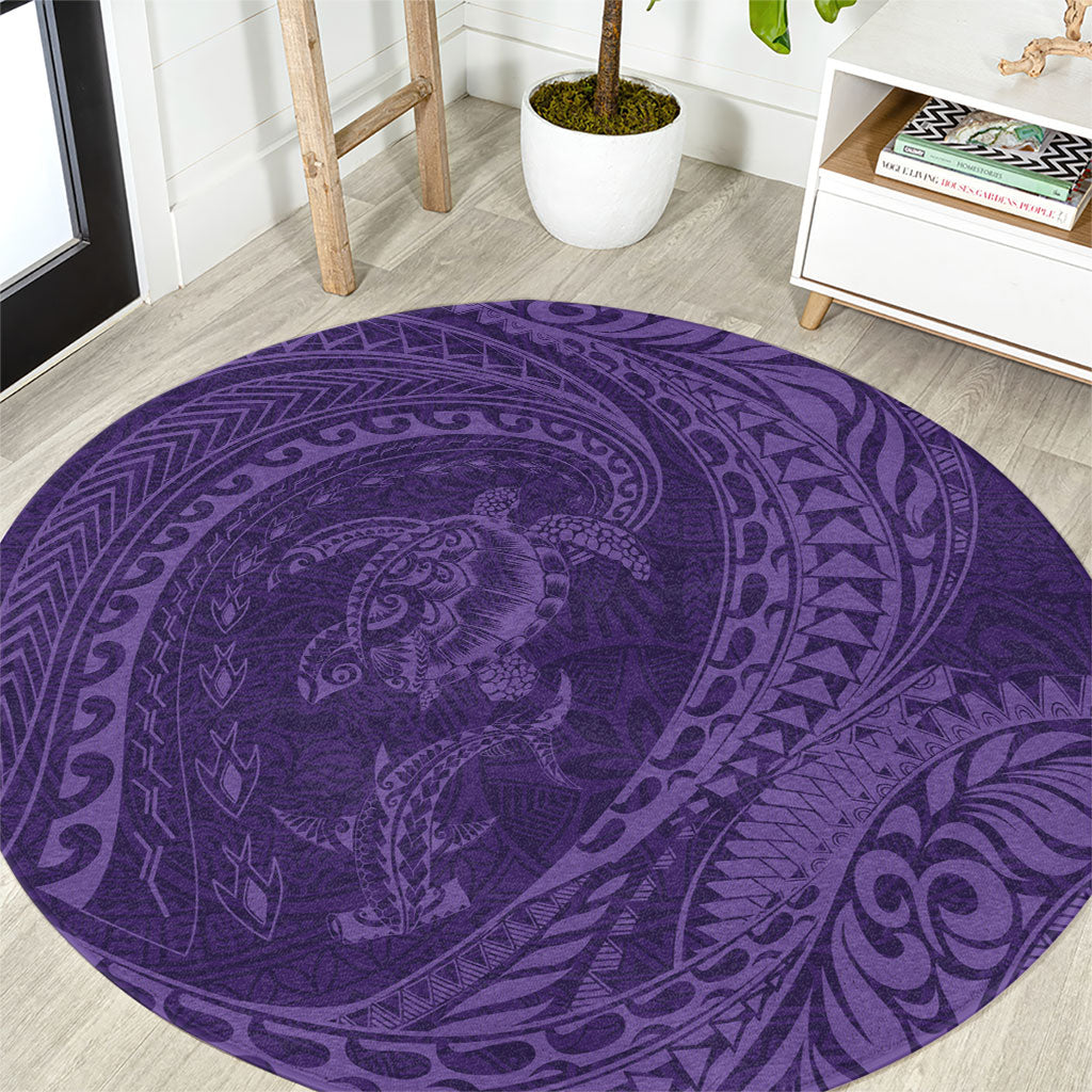 Hawaiian Turtle and Shark Round Carpet Kakau Tribal with Polynesian Pattern Purple Color