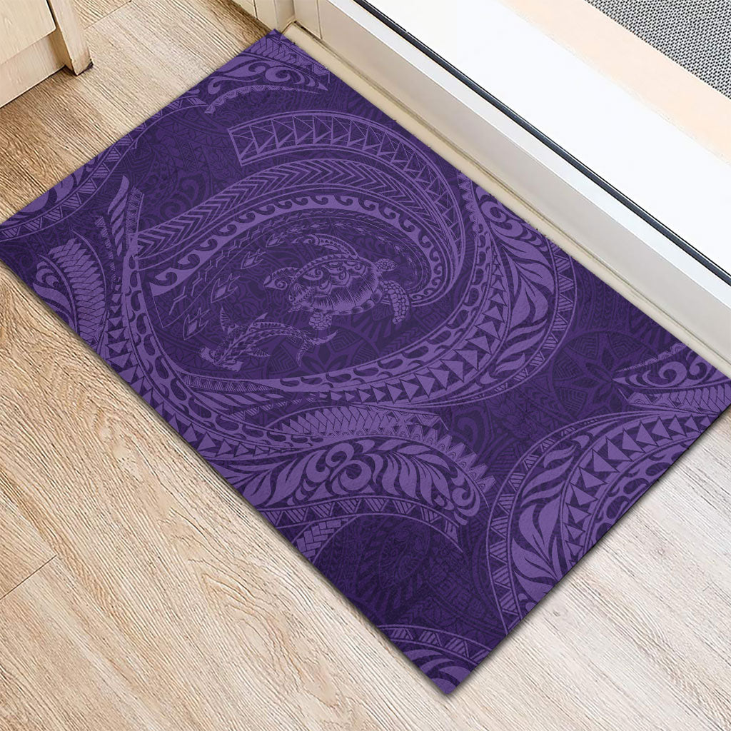 Hawaiian Turtle and Shark Rubber Doormat Kakau Tribal with Polynesian Pattern Purple Color