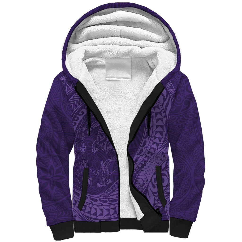 Hawaiian Turtle and Shark Sherpa Hoodie Kakau Tribal with Polynesian Pattern Purple Color