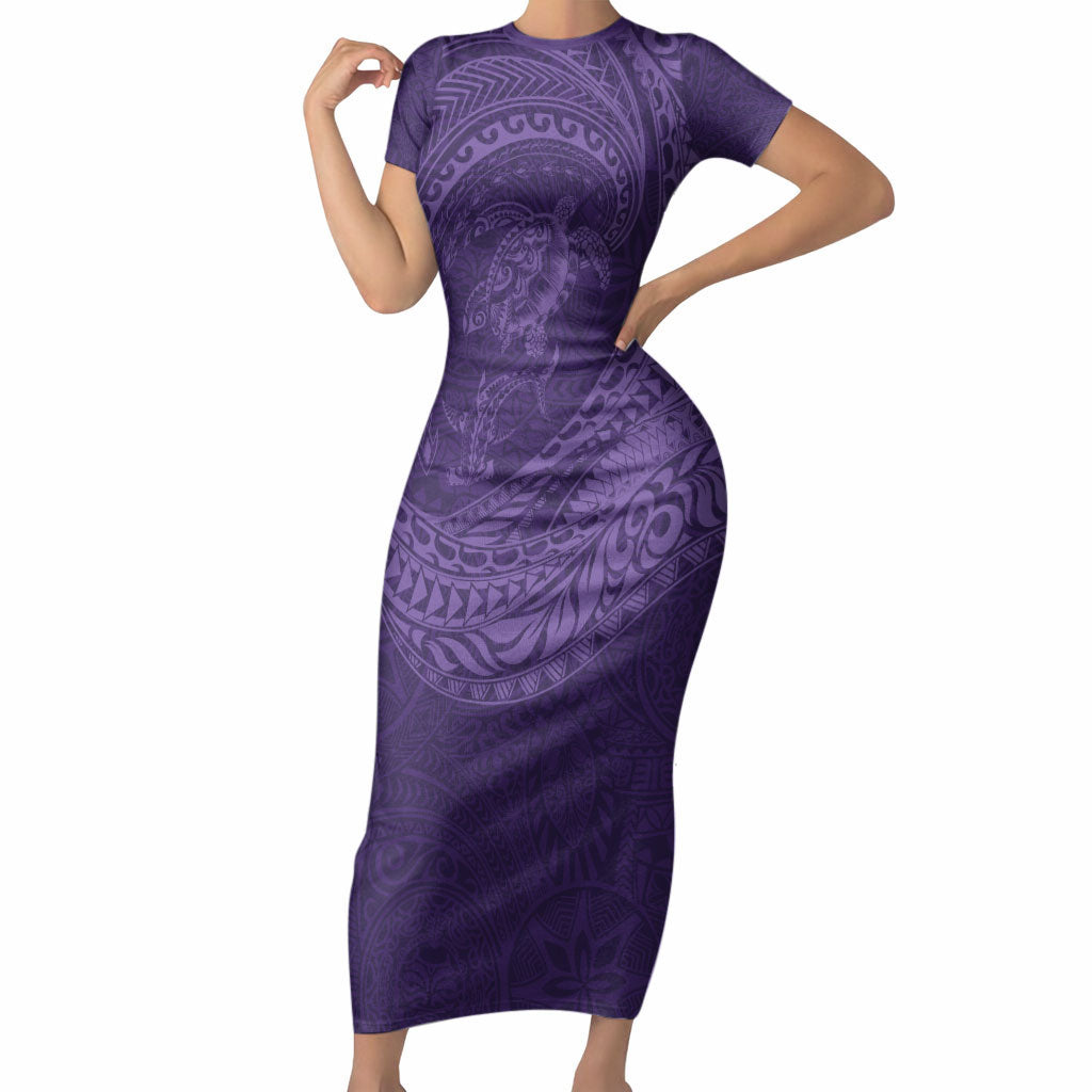 Hawaiian Turtle and Shark Short Sleeve Bodycon Dress Kakau Tribal with Polynesian Pattern Purple Color