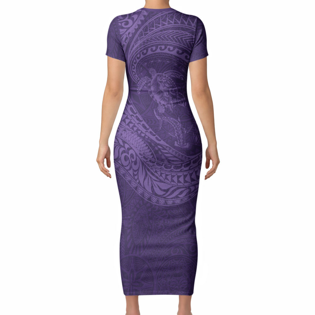 Hawaiian Turtle and Shark Short Sleeve Bodycon Dress Kakau Tribal with Polynesian Pattern Purple Color