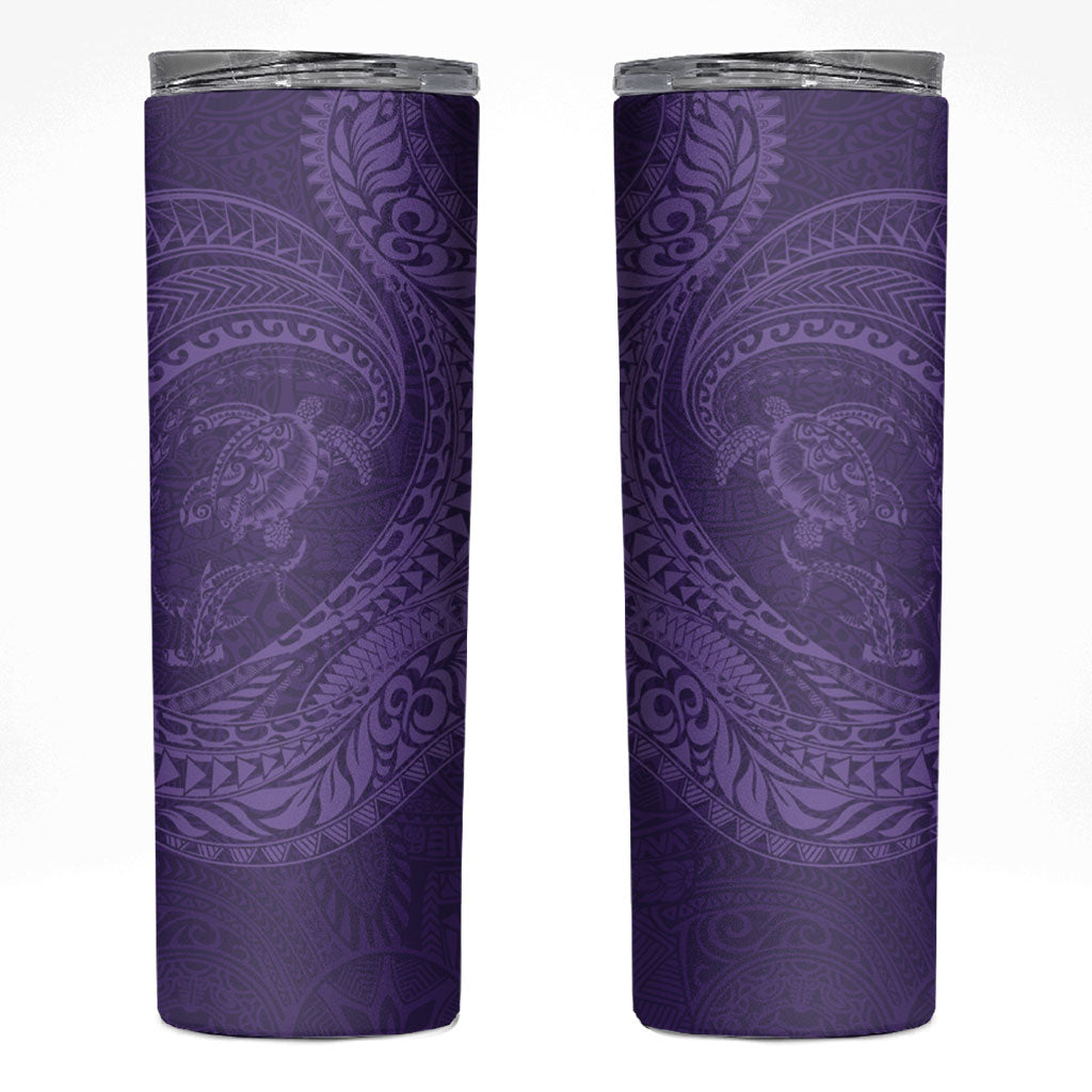 Hawaiian Turtle and Shark Skinny Tumbler Kakau Tribal with Polynesian Pattern Purple Color