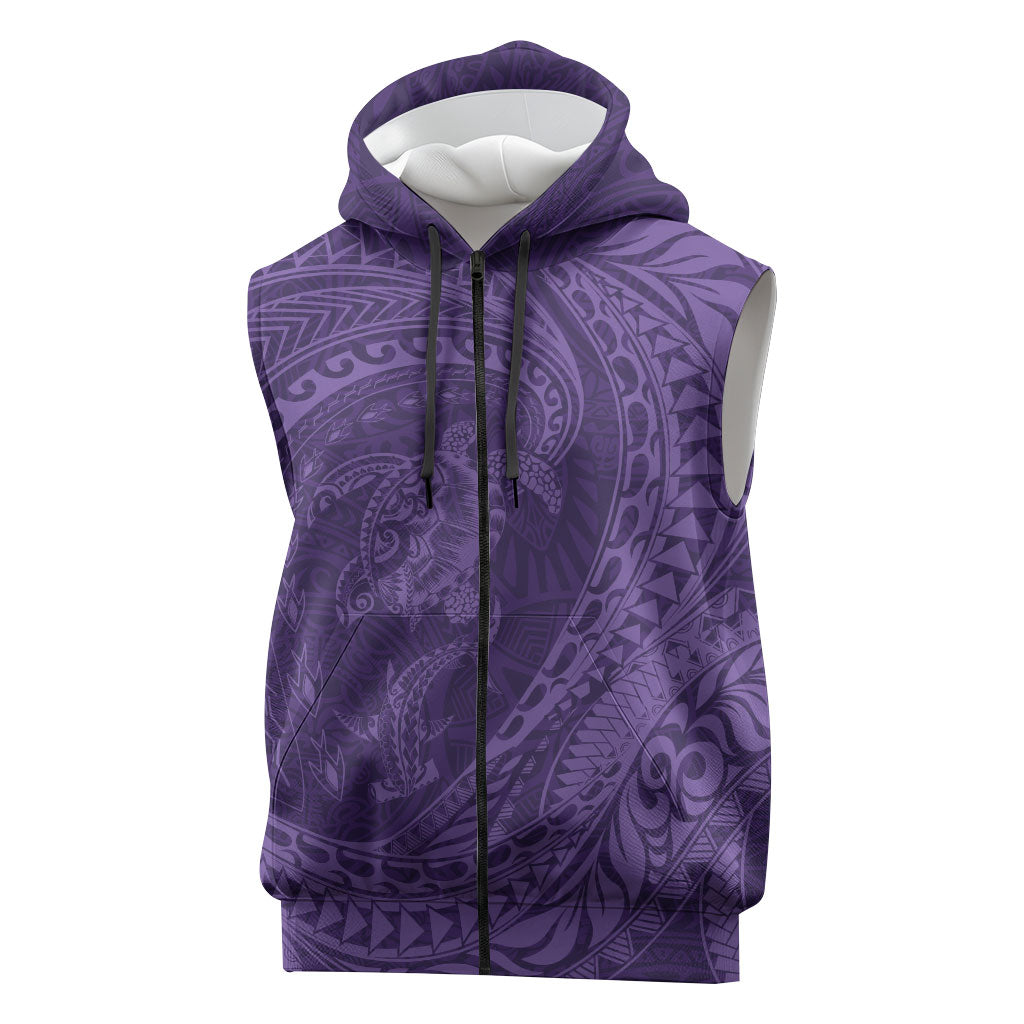 Hawaiian Turtle and Shark Sleeveless Zip Hoodie Kakau Tribal with Polynesian Pattern Purple Color