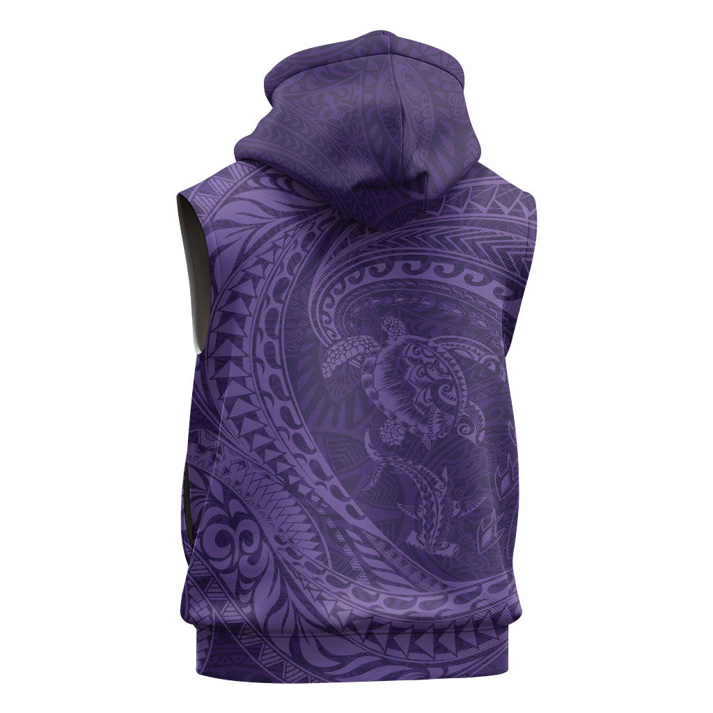 Hawaiian Turtle and Shark Sleeveless Zip Hoodie Kakau Tribal with Polynesian Pattern Purple Color