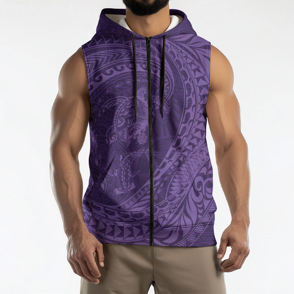 Hawaiian Turtle and Shark Sleeveless Zip Hoodie Kakau Tribal with Polynesian Pattern Purple Color