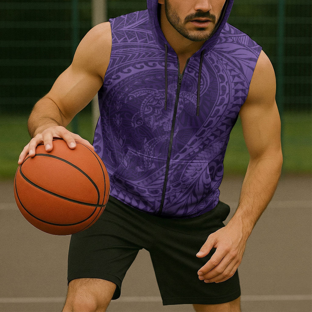 Hawaiian Turtle and Shark Sleeveless Zip Hoodie Kakau Tribal with Polynesian Pattern Purple Color