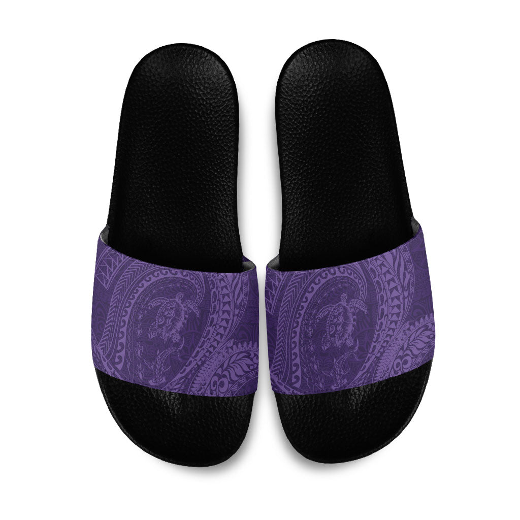 Hawaiian Turtle and Shark Slide Sandals Kakau Tribal with Polynesian Pattern Purple Color