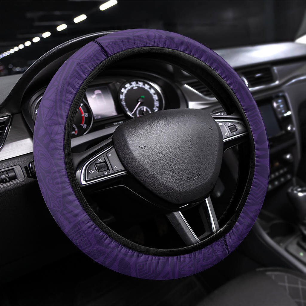Hawaiian Turtle and Shark Steering Wheel Cover Kakau Tribal with Polynesian Pattern Purple Color