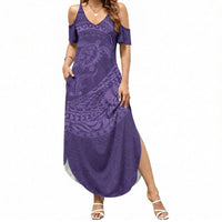 Hawaiian Turtle and Shark Summer Maxi Dress Kakau Tribal with Polynesian Pattern Purple Color LT03 Women Purple - Polynesian Pride
