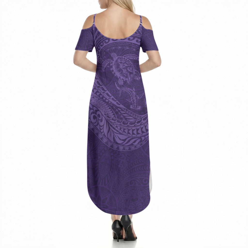 Hawaiian Turtle and Shark Summer Maxi Dress Kakau Tribal with Polynesian Pattern Purple Color LT03 - Polynesian Pride
