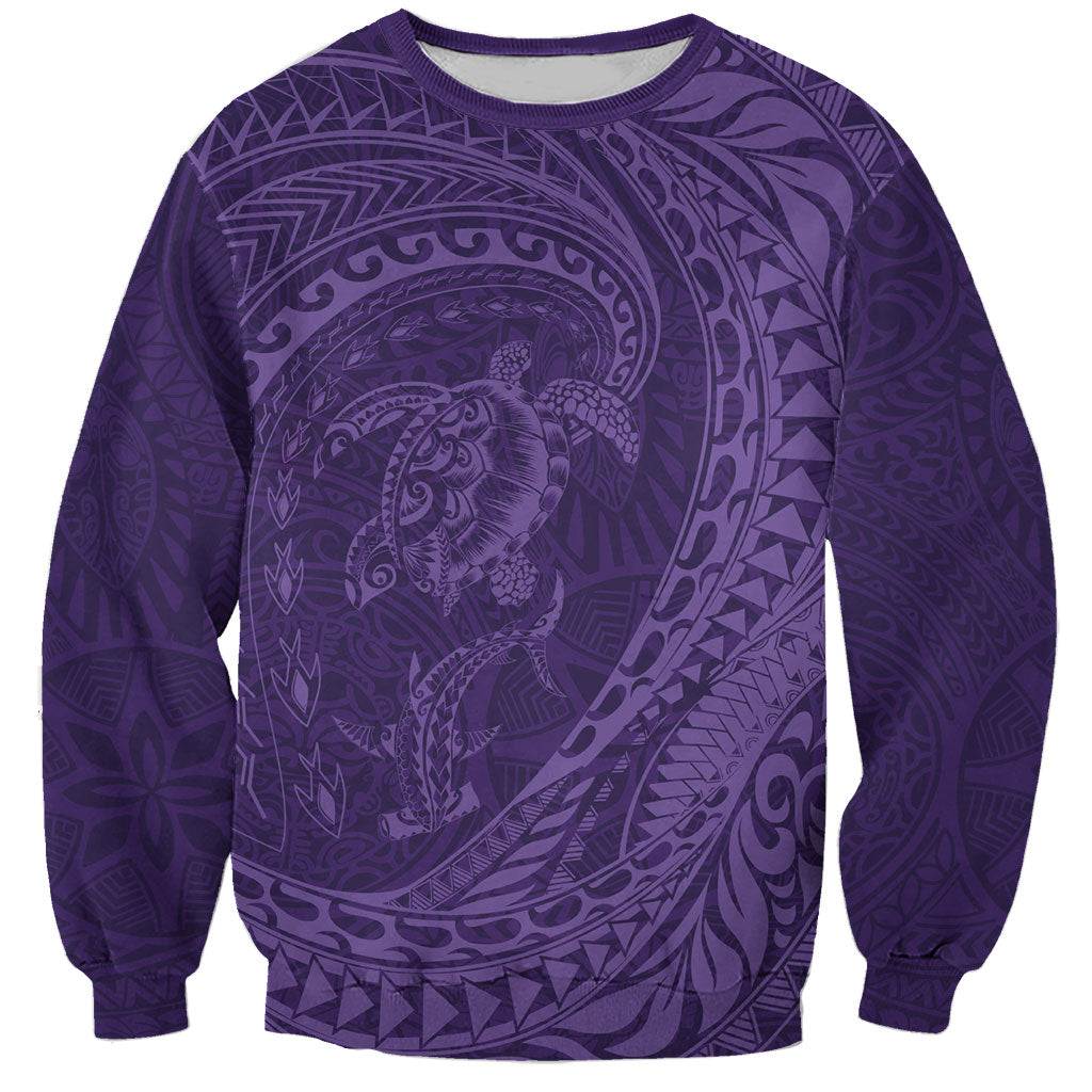 Hawaiian Turtle and Shark Sweatshirt Kakau Tribal with Polynesian Pattern Purple Color