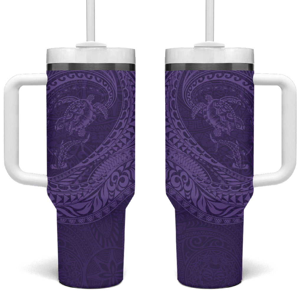 Hawaiian Turtle and Shark Tumbler With Handle Kakau Tribal with Polynesian Pattern Purple Color