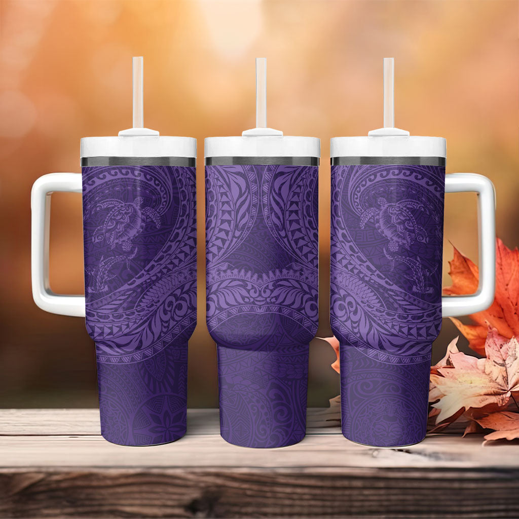 Hawaiian Turtle and Shark Tumbler With Handle Kakau Tribal with Polynesian Pattern Purple Color