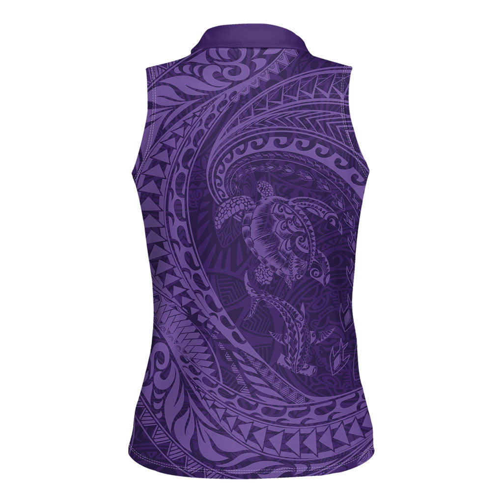 Hawaiian Turtle and Shark Women Sleeveless Polo Shirt Kakau Tribal with Polynesian Pattern Purple Color