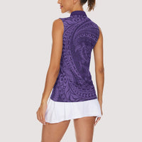 Hawaiian Turtle and Shark Women Sleeveless Polo Shirt Kakau Tribal with Polynesian Pattern Purple Color