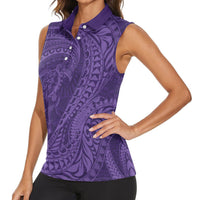 Hawaiian Turtle and Shark Women Sleeveless Polo Shirt Kakau Tribal with Polynesian Pattern Purple Color