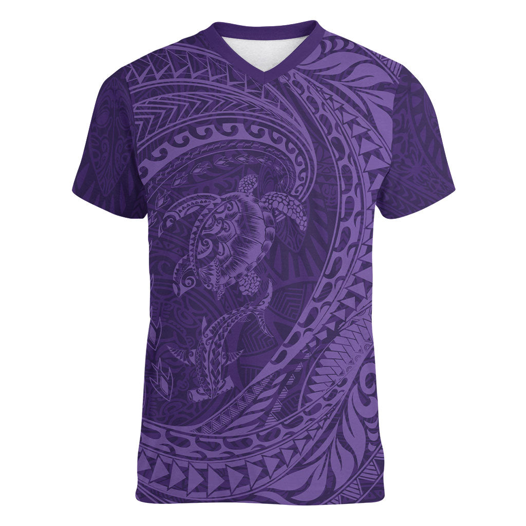 Hawaiian Turtle and Shark Women V-Neck T-Shirt Kakau Tribal with Polynesian Pattern Purple Color