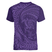 Hawaiian Turtle and Shark Women V-Neck T-Shirt Kakau Tribal with Polynesian Pattern Purple Color