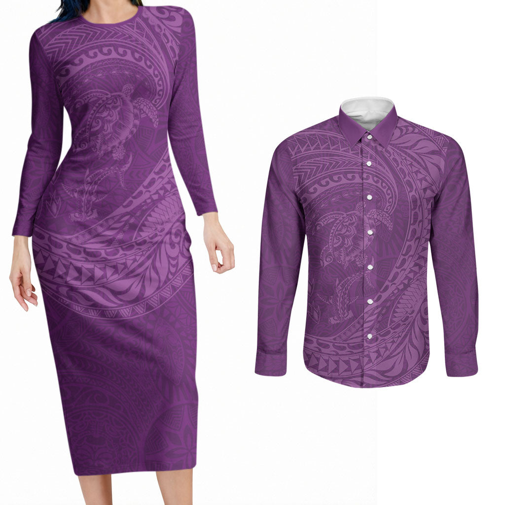 Hawaiian Turtle and Shark Couples Matching Long Sleeve Bodycon Dress and Long Sleeve Button Shirt Kakau Tribal with Polynesian Pattern Pink Color