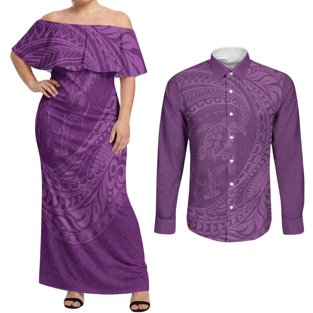 Hawaiian Turtle and Shark Couples Matching Off Shoulder Maxi Dress and Long Sleeve Button Shirt Kakau Tribal with Polynesian Pattern Pink Color LT03 Pink - Polynesian Pride
