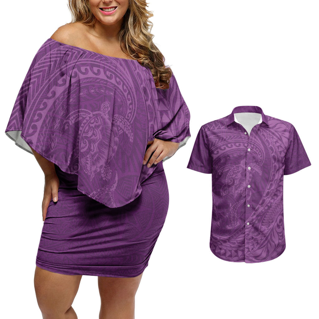 Hawaiian Turtle and Shark Couples Matching Off Shoulder Short Dress and Hawaiian Shirt Kakau Tribal with Polynesian Pattern Pink Color