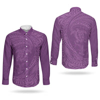 Hawaiian Turtle and Shark Couples Matching Off The Shoulder Long Sleeve Dress and Long Sleeve Button Shirt Kakau Tribal with Polynesian Pattern Pink Color