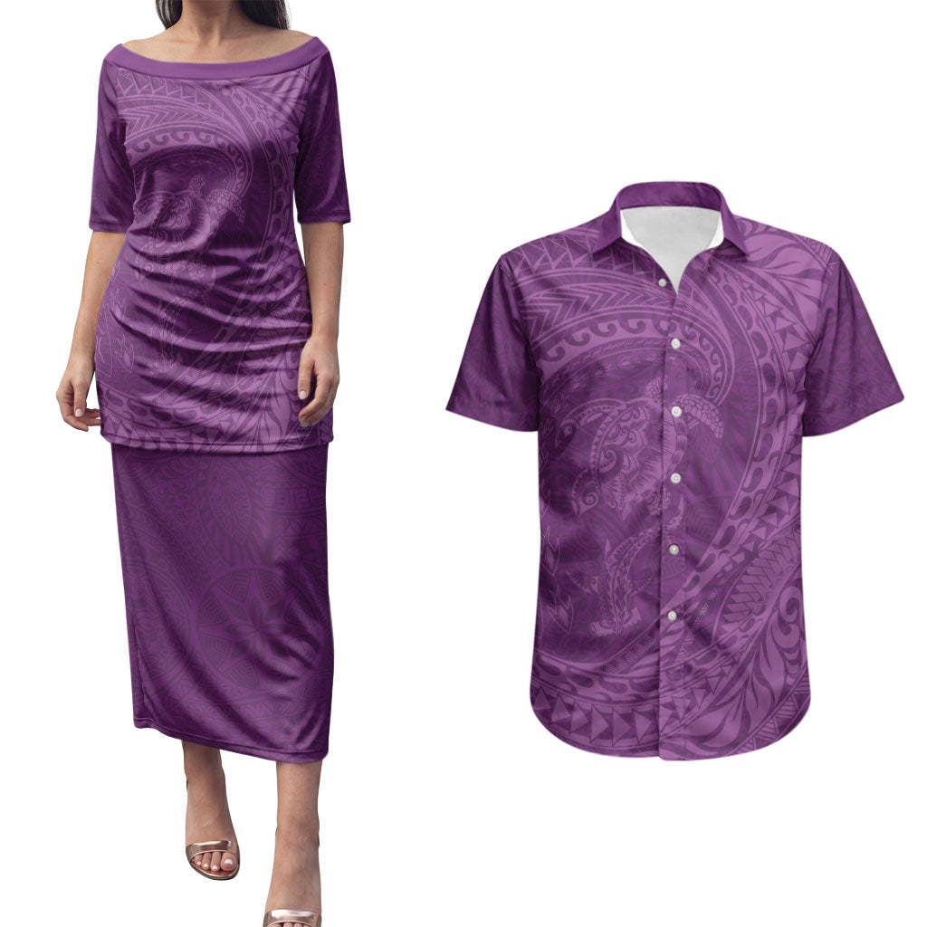 Hawaiian Turtle and Shark Couples Matching Puletasi and Hawaiian Shirt Kakau Tribal with Polynesian Pattern Pink Color LT03 Pink - Polynesian Pride