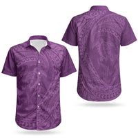 Hawaiian Turtle and Shark Couples Matching Short Sleeve Bodycon Dress and Hawaiian Shirt Kakau Tribal with Polynesian Pattern Pink Color