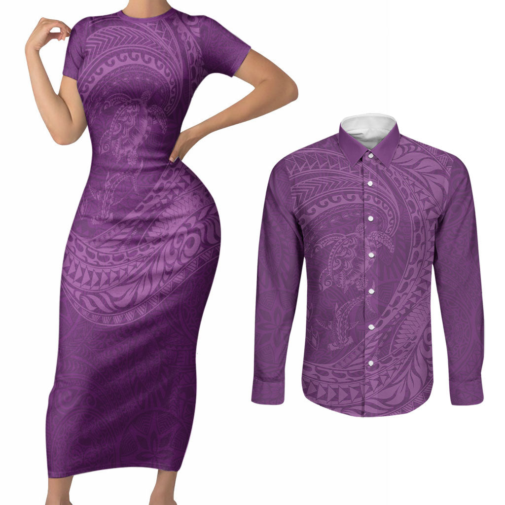 Hawaiian Turtle and Shark Couples Matching Short Sleeve Bodycon Dress and Long Sleeve Button Shirt Kakau Tribal with Polynesian Pattern Pink Color