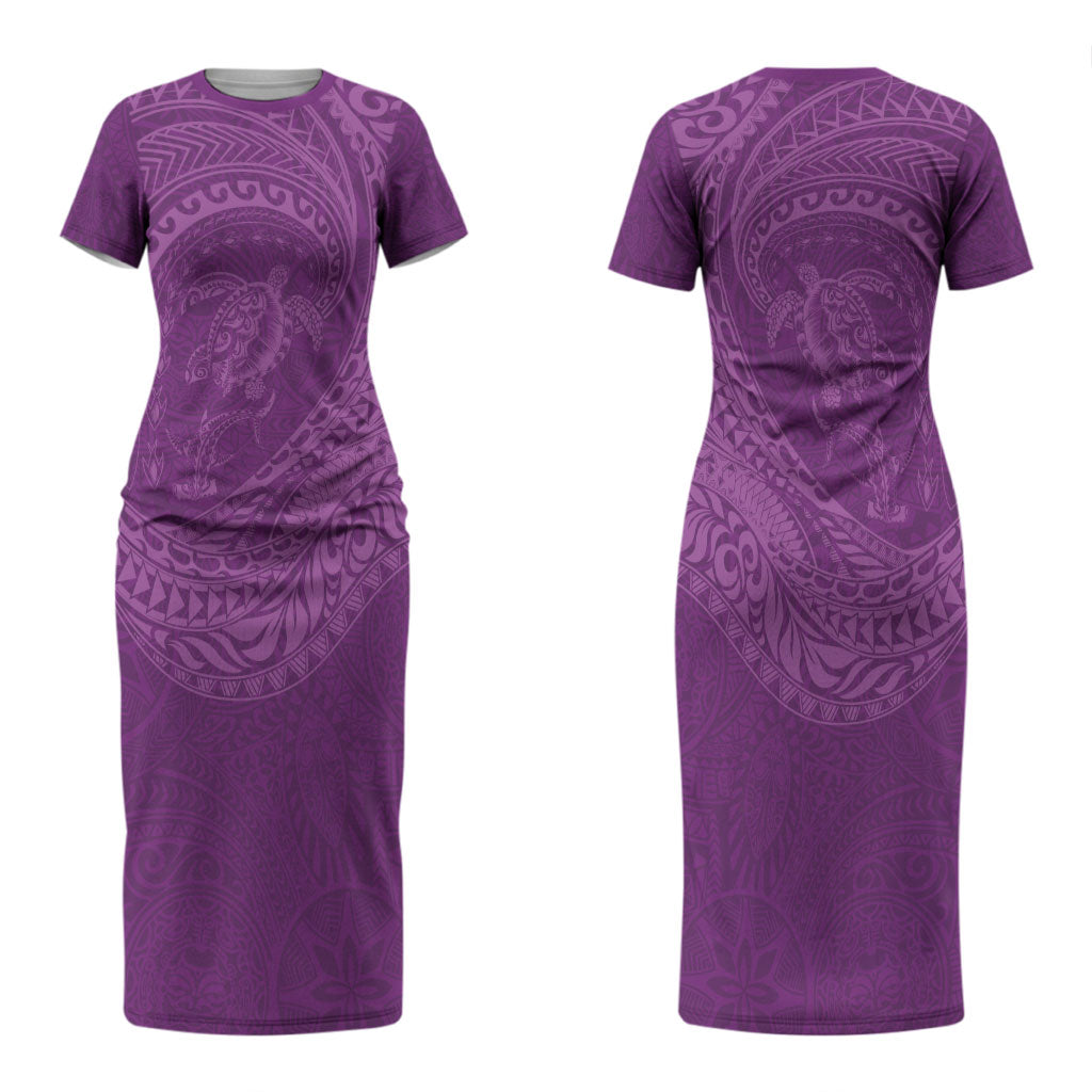 Hawaiian Turtle and Shark Couples Matching Short Sleeve Bodycon Dress and Long Sleeve Button Shirt Kakau Tribal with Polynesian Pattern Pink Color