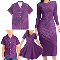 Hawaiian Turtle and Shark Family Matching Long Sleeve Bodycon Dress and Hawaiian Shirt Kakau Tribal with Polynesian Pattern Pink Color