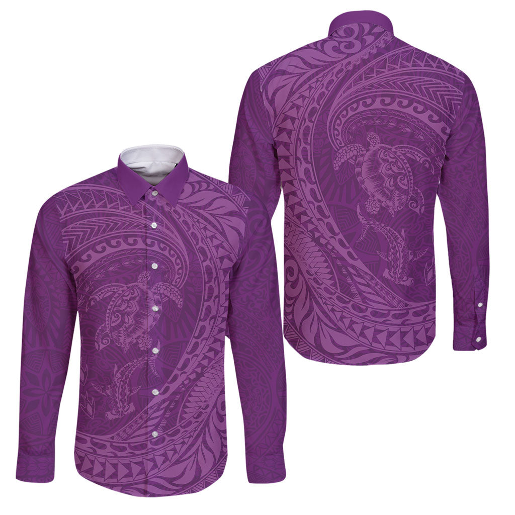 Hawaiian Turtle and Shark Family Matching Long Sleeve Bodycon Dress and Hawaiian Shirt Kakau Tribal with Polynesian Pattern Pink Color