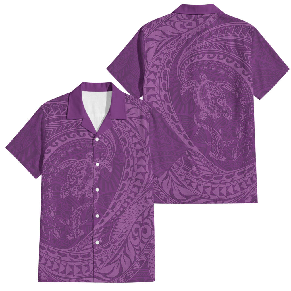 Hawaiian Turtle and Shark Family Matching Off The Shoulder Long Sleeve Dress and Hawaiian Shirt Kakau Tribal with Polynesian Pattern Pink Color