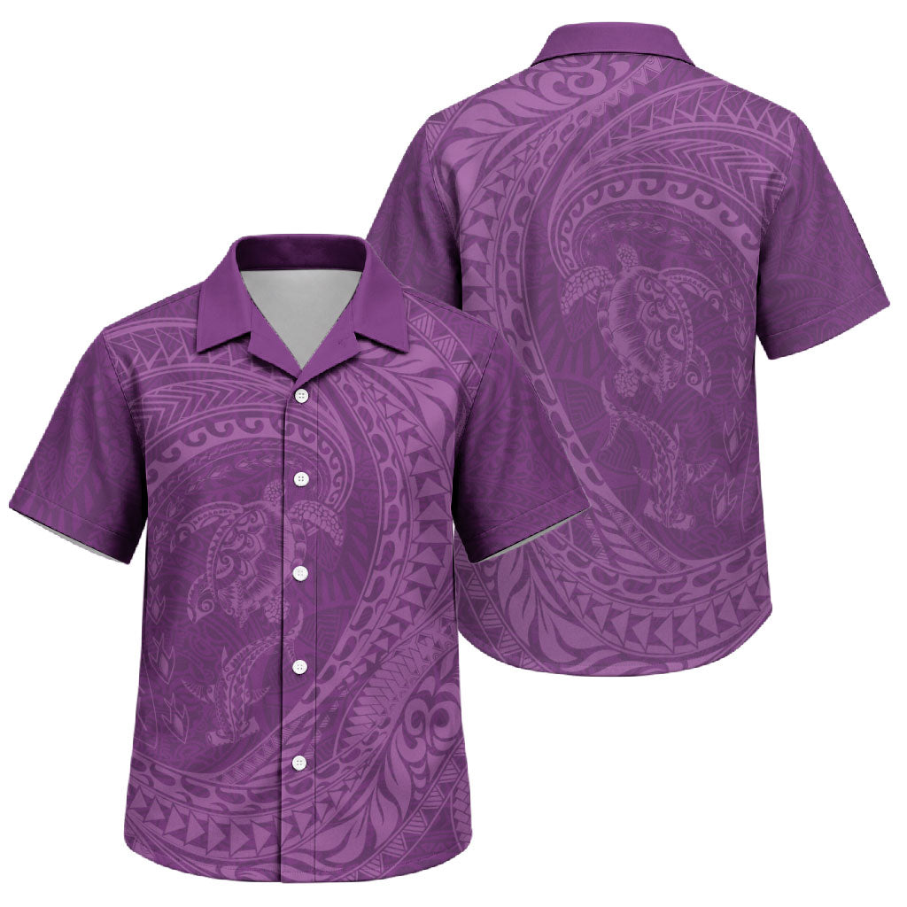 Hawaiian Turtle and Shark Family Matching Off The Shoulder Long Sleeve Dress and Hawaiian Shirt Kakau Tribal with Polynesian Pattern Pink Color