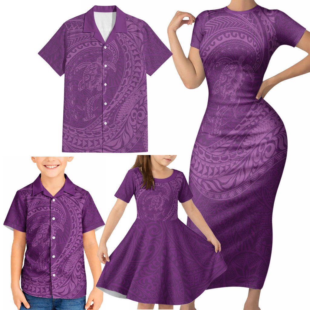 Hawaiian Turtle and Shark Family Matching Short Sleeve Bodycon Dress and Hawaiian Shirt Kakau Tribal with Polynesian Pattern Pink Color
